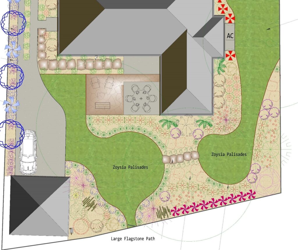 Landscape design plan showing backyard layout with Zoysia Palisades turf, native plant beds, and flagstone path by Rooted In in North Texas.