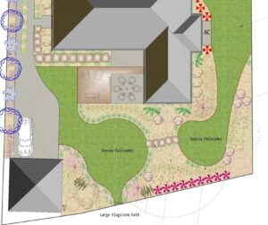 Landscape design plan showing backyard layout with Zoysia Palisades turf, native plant beds, and flagstone path by Rooted In in North Texas.